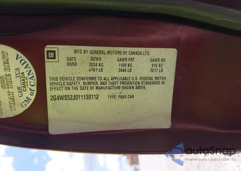 2001 Buick Century Custom from USA, damaged, VIN 2G4WS52J011130112